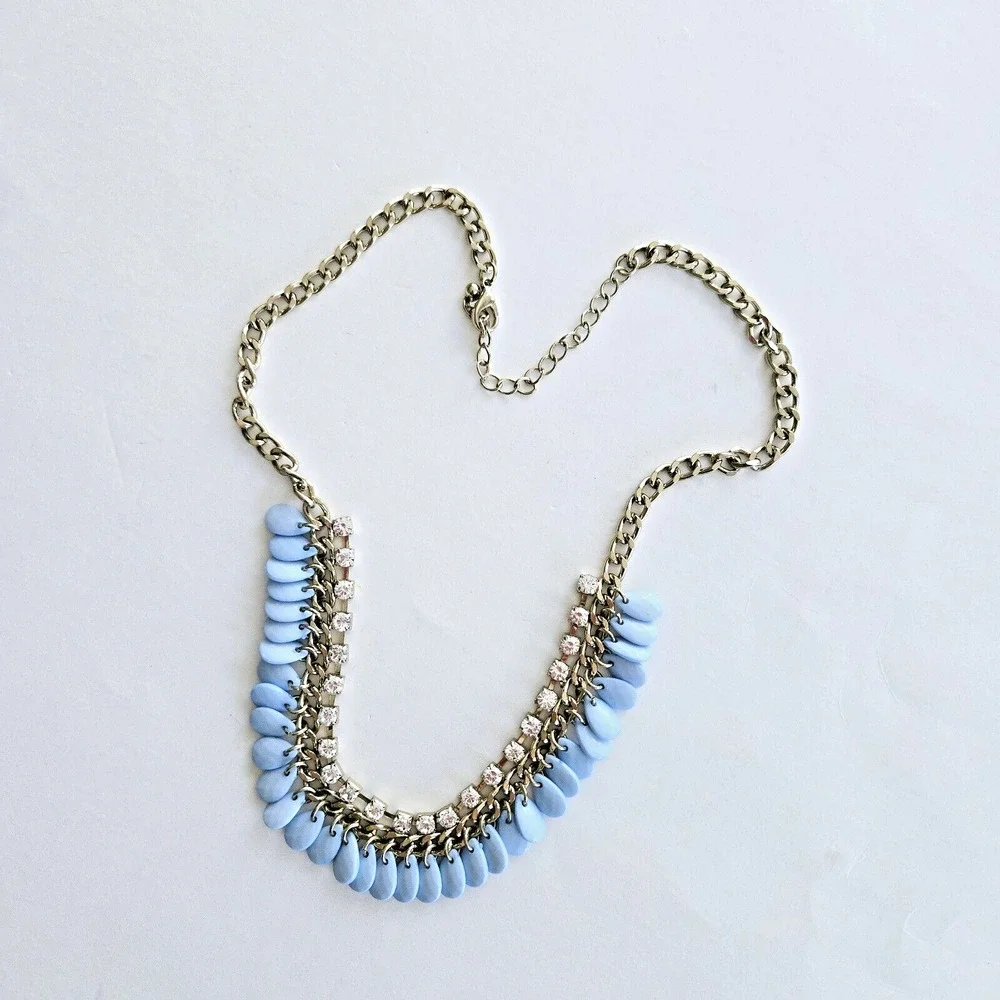 Statement Necklace Blue Beaded Rhinestone Chain Classic Retro Cocktail Party 22